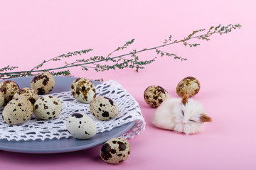 New spring happy easter concept. Quail Easter eggs on a white vintage lace and a gray ceramic plate...