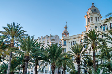 Fototapeta na wymiar Architecture and palm trees in the Mediterranean city of Alicante, Spain