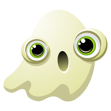 Vector drawing of a cute spooked ghost with big green eyes. Can represent Halloween, autumn, trick or treat, horror movies, scary monsters, nightmares, October, fear, spirits and expressions.