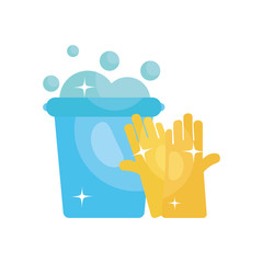 cleaning gloves and bucket with soapy water, flat style
