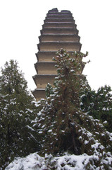 Snow in xi 'an small wild goose pagoda is particularly pure. This is a historic site and a famous tourist attraction.