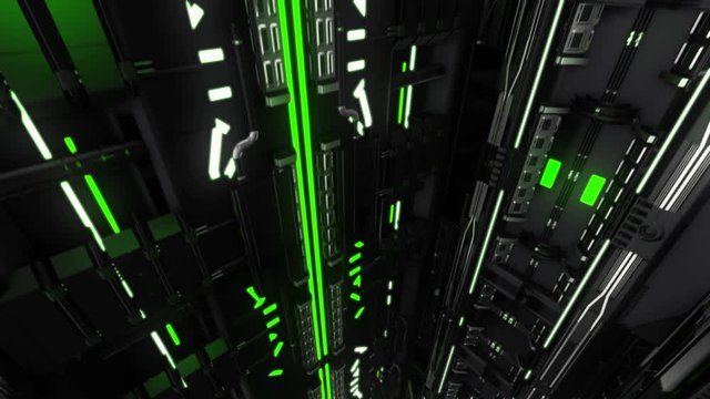 Elevator corridor in the building lit by green illumination. Animation. Flying through futuristic elevator shaft, seamless loop, abstract technological background.