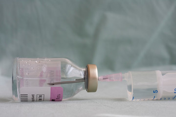 Vial of  antibiotics with syringe and needle , injection drugs used in treatment of  patients with...