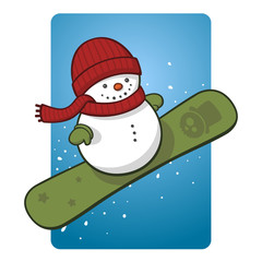 Cute vector illustration of a cool smiling snowman with a red hat, a flowing red scarf, green mittens and a green snowboard doing a jump on a blue background with snow.