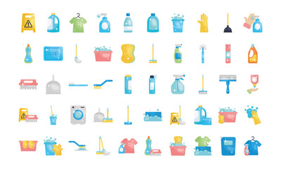 disinfection products and cleaning elements icon set, flat style