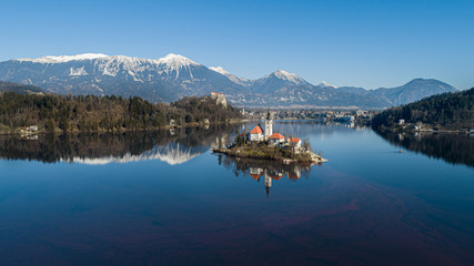 Aerial view of bled lake in Slovenia 