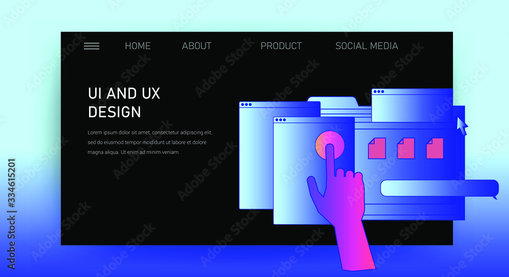 Poster Web site template for UI and UX design. Hand with user interface elements.