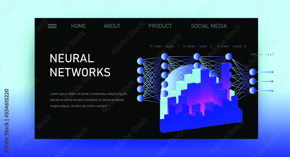 Leinwandbilder Web site template for Big Data  analysis, Artificial intelligence and  Information science. Illustration of 3D graphs and plots, Neural Network scheme.