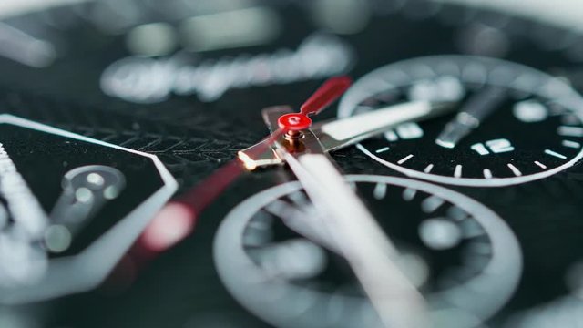 Hand watch face with details and texture, timelapse. Very close. Arrow running in time lapse extreme macro close up of business clock front, moving fast seconds hand. 4k.