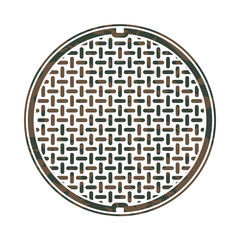 Vector drawing of a rusty and dirty industrial manhole or sewer cap isolated on white. Can be used to represent city infrastructures, waste filth, plumbing, water treatment, urban services and more.