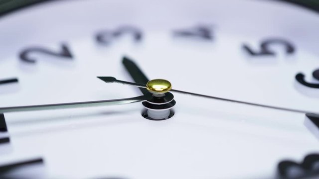 Macro shot of clock face with rapid rotation of all body and almost static seconds arrow. Fast flow of time concept. Real watch shot with wide macro lens close-up view. 4k.