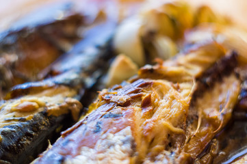 Mackerel baked in the oven, home dish, close-up