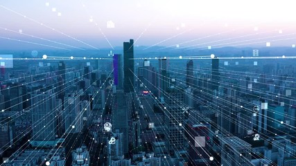 smart Connected city skyline. Futuristic network concept, city Technology.	 - Powered by Adobe