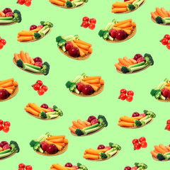 Seamless pattern with vegetables, carrot, apples, tamatoes and broccoli. Seamless texture vegetables, layout.