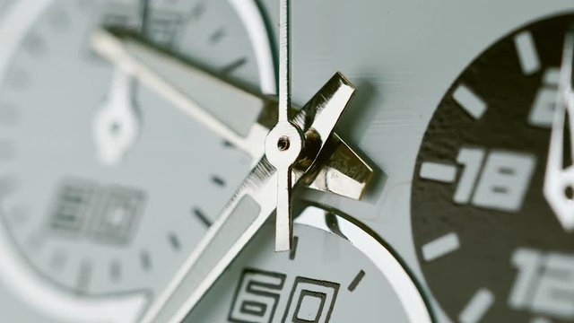 Hand watch face with details and texture, timelapse. Very close. Arrow running in time lapse extreme macro close up of business clock front, moving fast seconds hand. 4k.