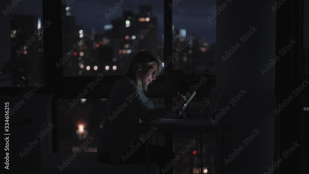 Poster side view of skilled graphic designer creating web multimedia content via application on modern digi
