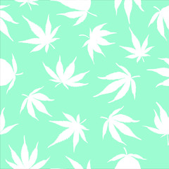 Seamless pattern of cannabis leaves on a blue background. White hemp leaves on a blue background. Vector illustration