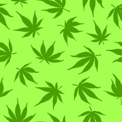 Seamless hemp hemp pattern on a green background. The pattern of marijuana. Vector illustration