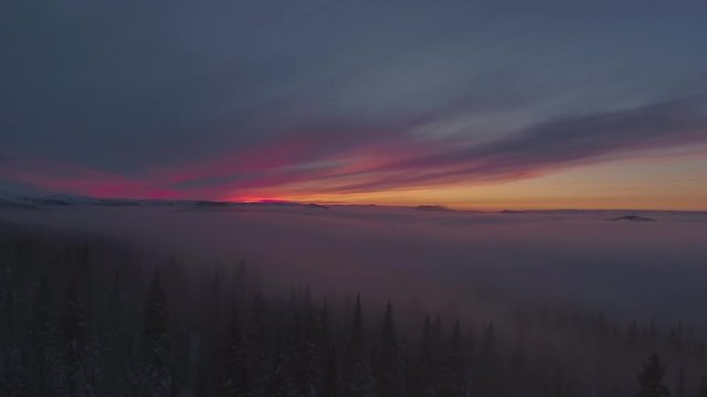 Mountain Foggy Valley Sunset Aerial pushing forward Hyperlapse