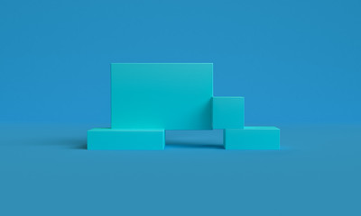 Minimalist primitive Blue geometrical abstract background, Stylish trendy illustration Podium, stand, showcase on pastel color for premium product. 3d render.
