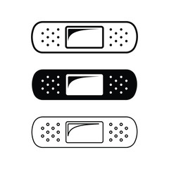 Adhesive plaster bandage design black and white silhouette outline set. Simple vector illustration icon logo sign symbol representation for medical needs or care, first aid, hospital, etc.