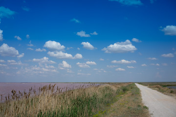 Fototapeta premium White clouds over the pink salt lake