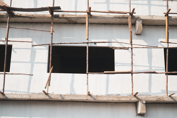 Wood scaffolding on the building.