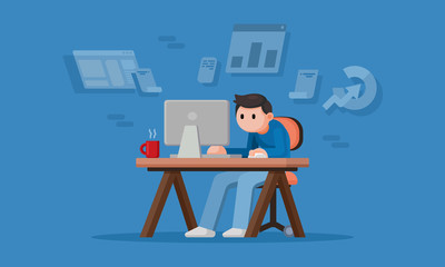 Young Man working from home, freelance workflow on computer, quarantine concept, flat design vector illustration.