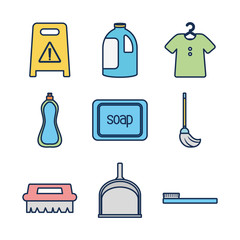 Fototapeta premium warning floor sign and cleaning tools icon set, line fill style