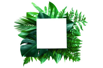 tropical green leaves and palms with white paper note, nature flat lay concept, copy space background