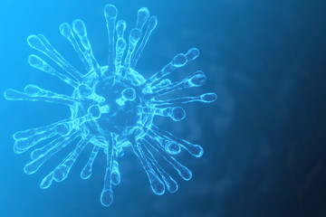 Coronavirus COVID-19 outbreak is a flu or sars that infects the respiratory system and causes pneumonia, showing a structure of viruses floating in the air, blue background. 3D rendering illustration.