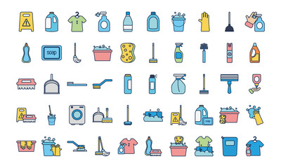 disinfection products and cleaning elements icon set, line fill style