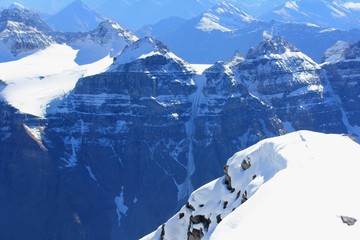 View towards Valley of Ten Peak at the summit of Mount Temple near Lake Louise, Banff National Park, Canadian Rockies