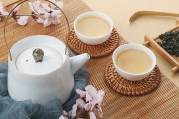 Tea and flowers on the table