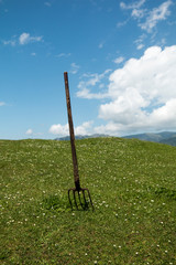 Pitchfork on a field at farm and landspaces fron turkey uzungol