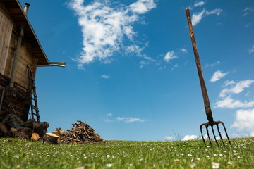 Pitchfork on a field at farm and landspaces fron turkey uzungol