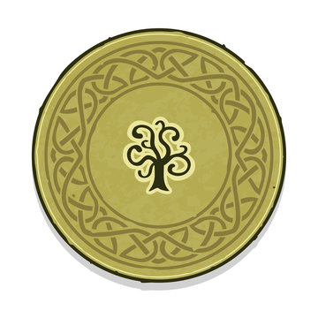 Vector drawing of a round Celtic ornament with a tree icon and a knotted frame. Can represent Gauls, magic, the Middle Ages, druids, mythology, nature, ancient times and fantasy themes.