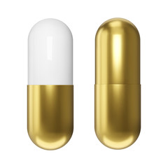 Realistic golden pills. Isolated pharmaceutical drugs. Vector medications design.