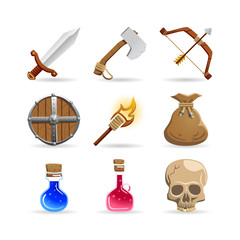 Vector set of medieval fantasy icons. Includes a sword, an axe, a bow, an arrow, a round wooden shield, a torch, a gold purse, a magic potion bottle, a life potion bottle and a fractured skull. Isolat