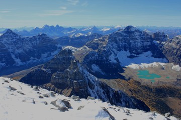 View at the summit of Mount Temple towards Mount Hungabee on left and Mount Deltaform on right, in a fine weather day in late September