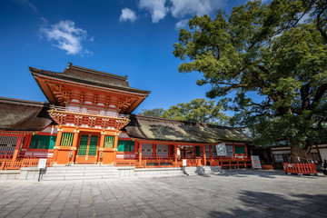 Usa Jingu Shrine, Oita, Japan : November 12, 2019. It is the head shrine of thousands of shrines across Japan that are dedicated to Hachiman, the god of archery and war.