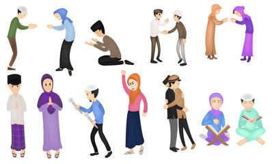 Fototapeta na wymiar collection Happy eid mubarak with people character concept. Islamic design for Landing page templates, kids Book Illustration, Banners, Card Invitation, Poster and Social media.