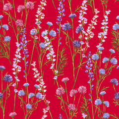 Wildflowers on a red background. Seamless pattern.  - 334625048
