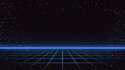 Synthwave Background. Retrowave Perspective Grid. 80s Retro Future Backdrop. Dark starry sky with blue wireframe. Flyer, banner, cover, poster, print, wallpaper template. Stock Vector Illustration.