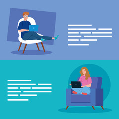 couple working in telecommuting avatar characters vector illustration design