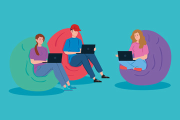 young people working in telecommuting vector illustration design