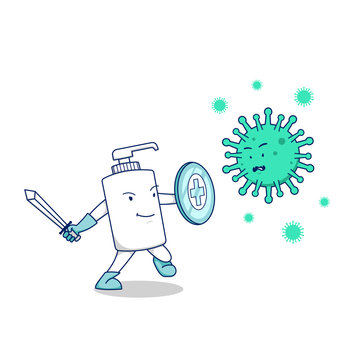 Hand Sanitizer Soap Bottle Fight Covid Corona Virus Bacteria Vector Concept Illustration With Sword And Shield, Fight Against Covid-19 Virus Pandemic With Soap