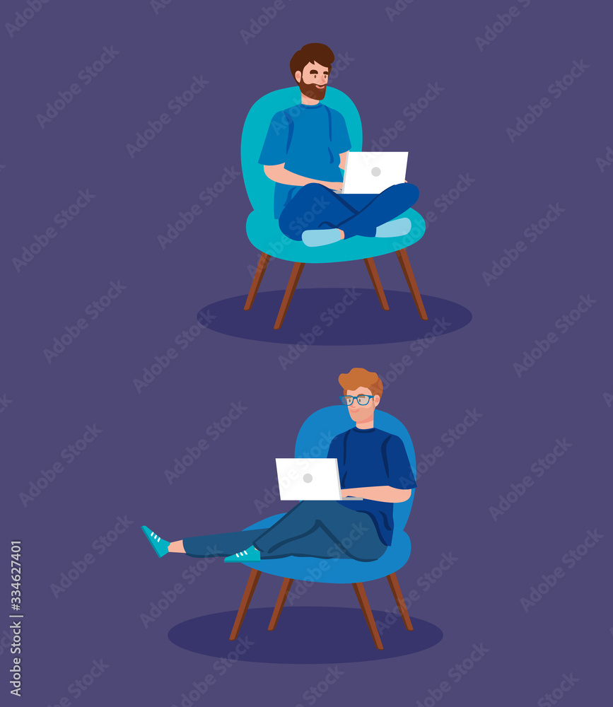 Sticker men working in telecommuting sitting in chair vector illustration design