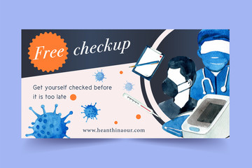 FB social media design with medical equipment watercolor illustration.