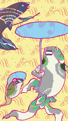 浮世絵　金魚　カラフル